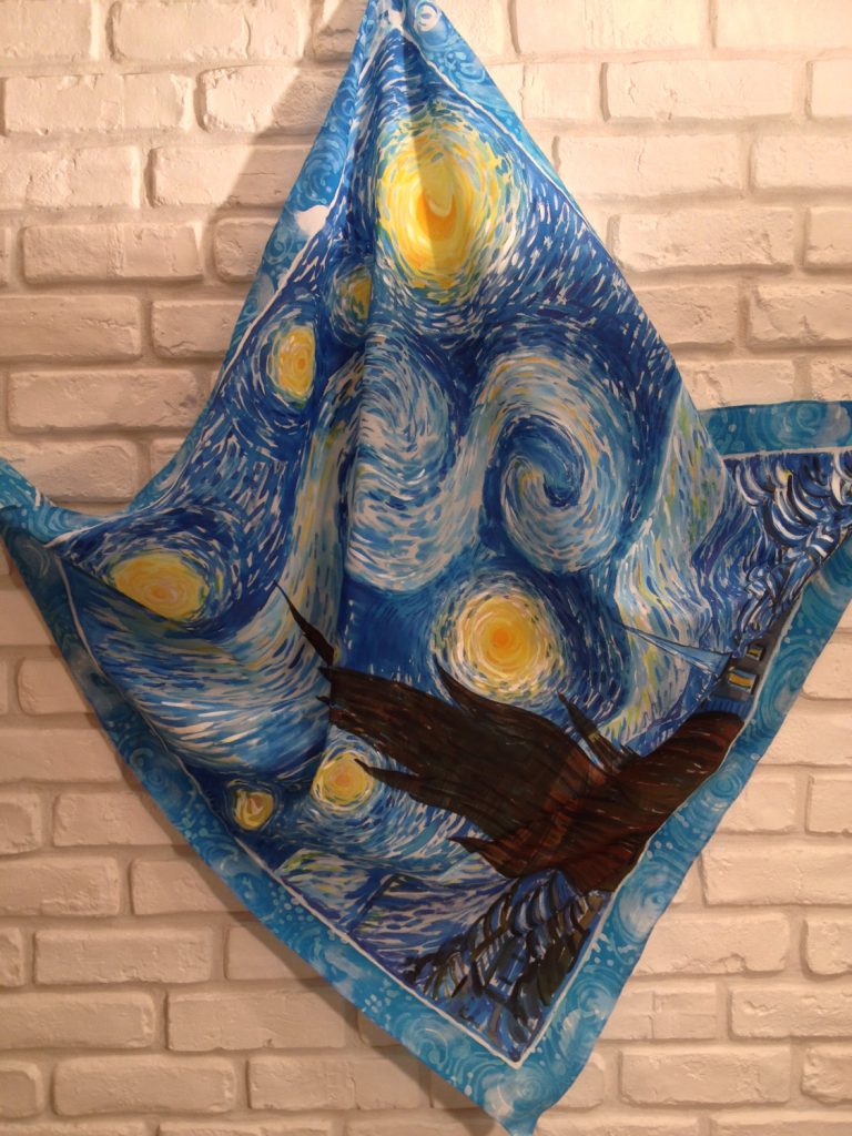 Starry night Van Gogh. Hand painted silk square scarf