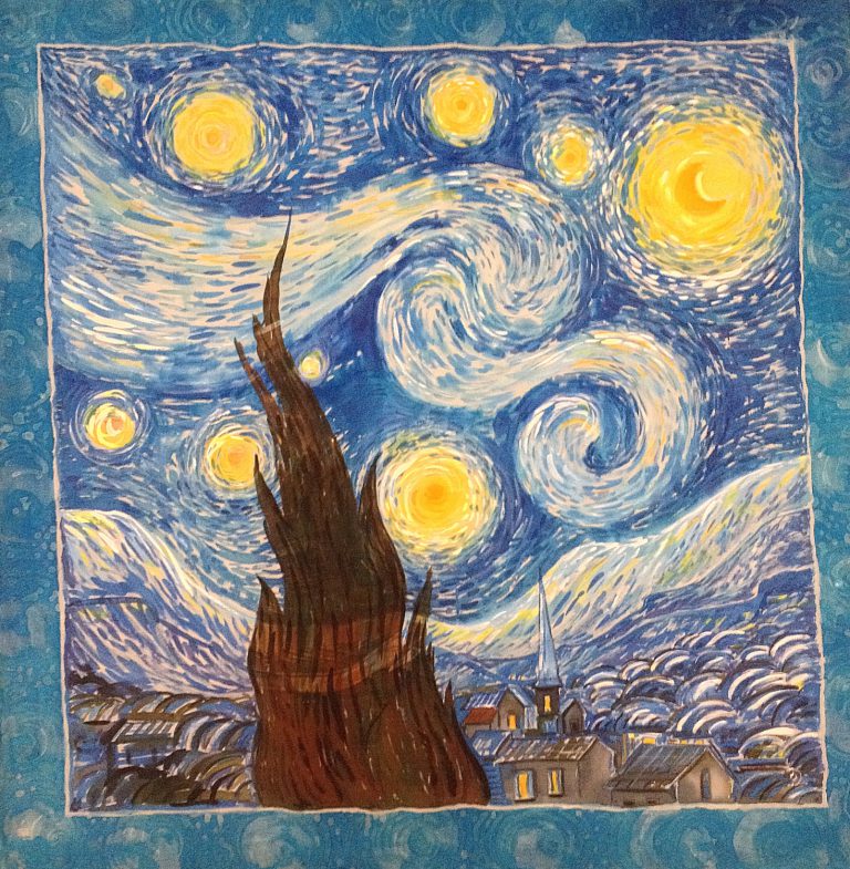 Starry night Van Gogh. Hand painted silk square scarf