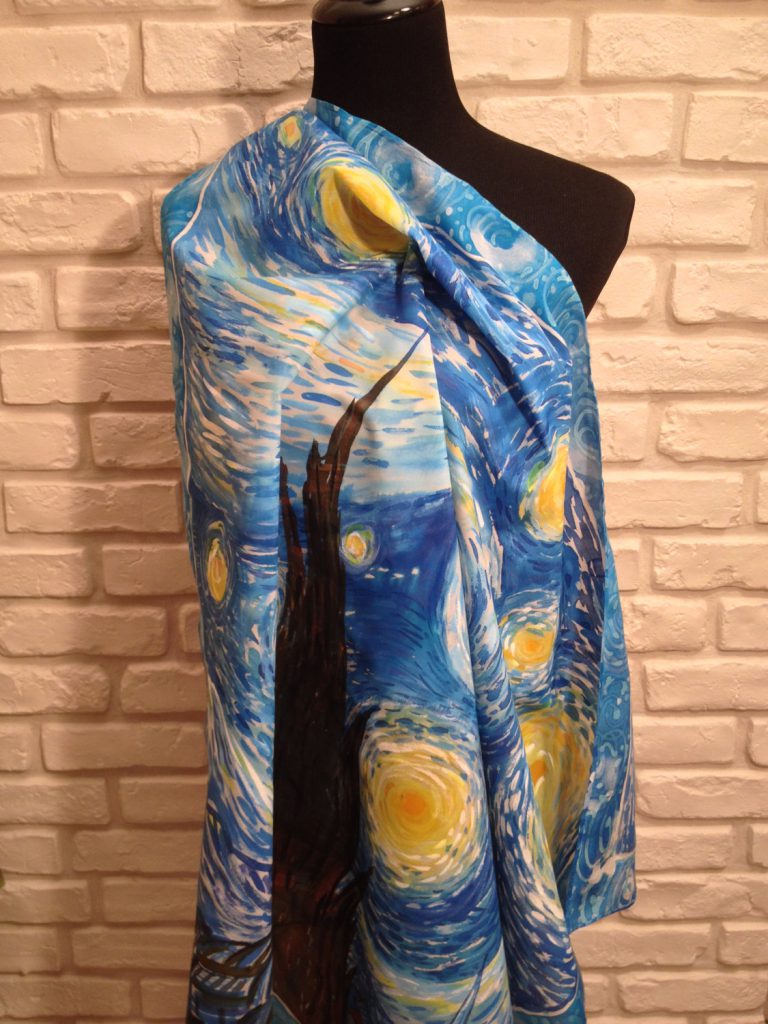 Starry night Van Gogh. Hand painted silk square scarf