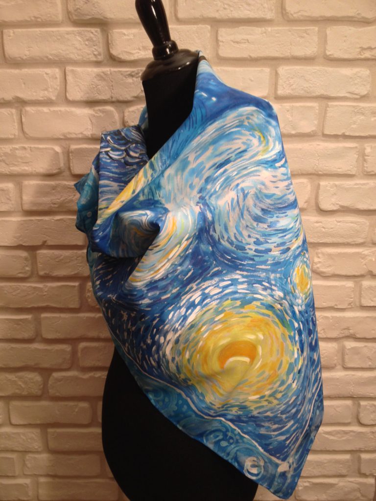 Starry night Van Gogh. Hand painted silk square scarf