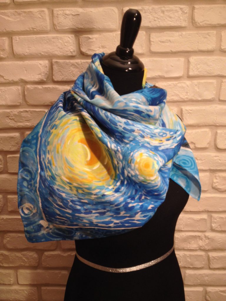 Starry night Van Gogh. Hand painted silk square scarf