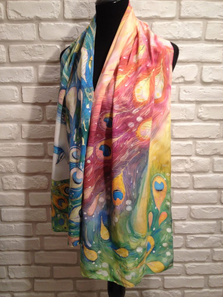The magic peacock. Hand painted silk scarf