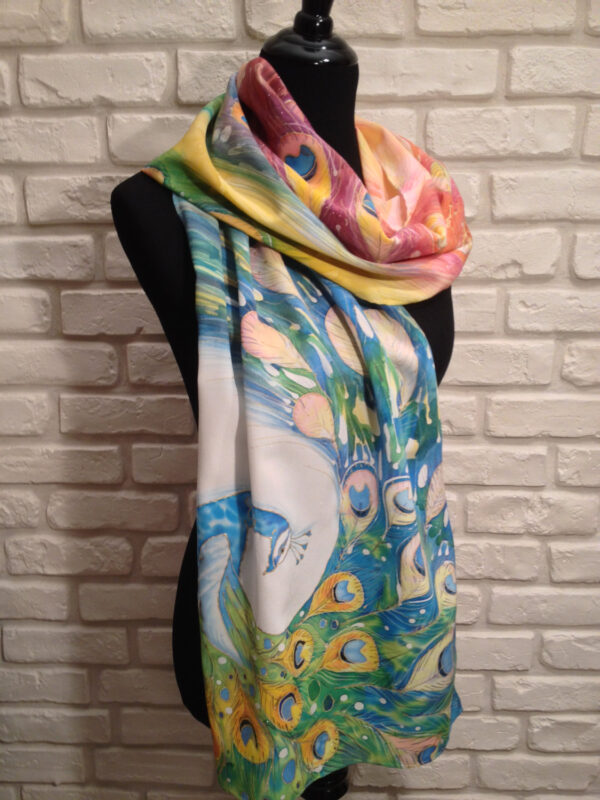 The magic peacock. Hand painted silk scarf
