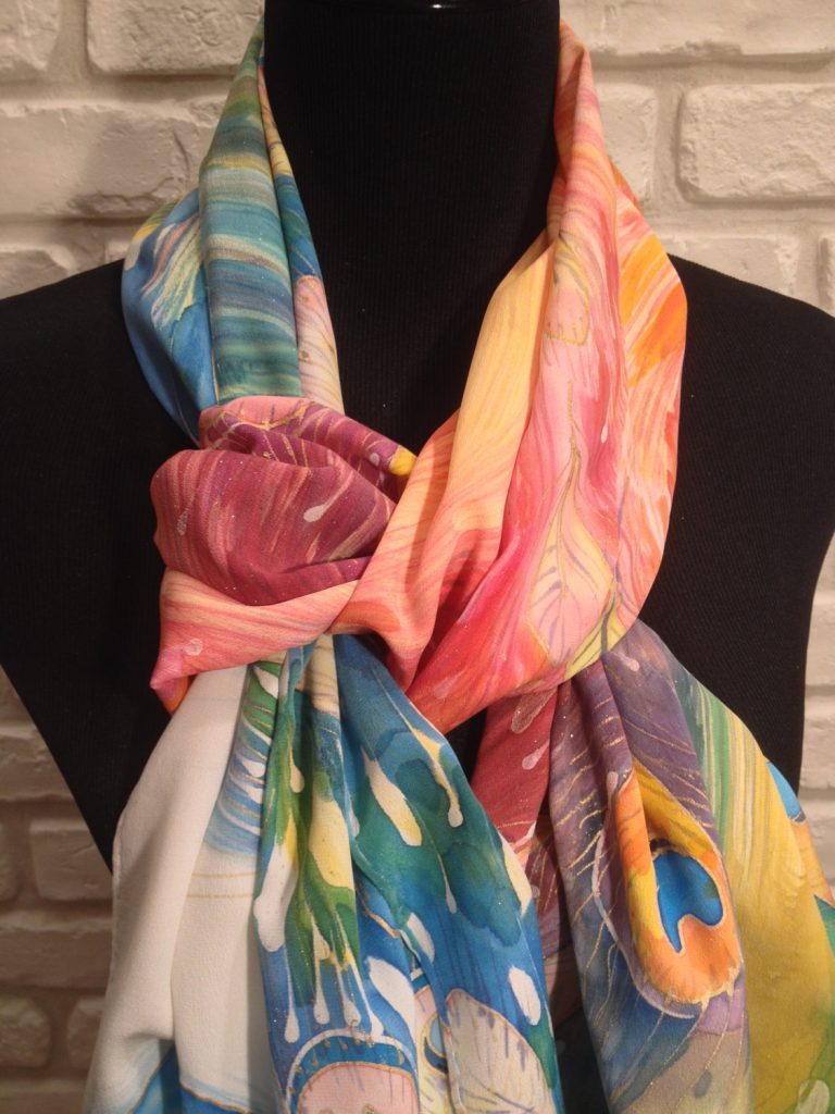 The magic peacock. Hand painted silk scarf
