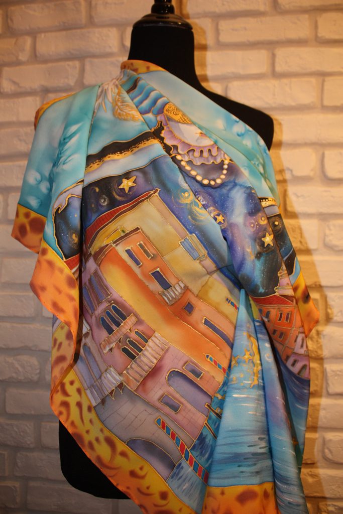 Night in Venice. Hand painted silk square scarf