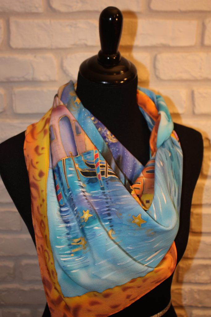 Night in Venice. Hand painted silk square scarf