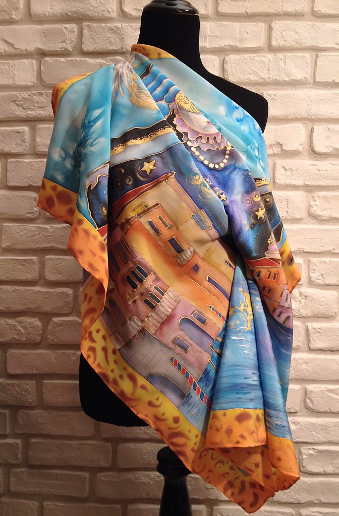 Night in Venice. Hand painted silk square scarf