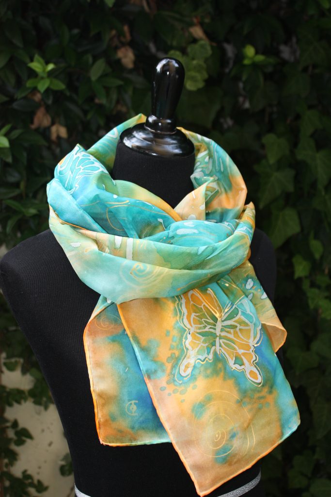 Butterflies. Hand painted long silk scarf