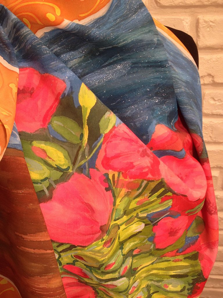 Red poppies Van Gogh. Hand painted silk square scarf.