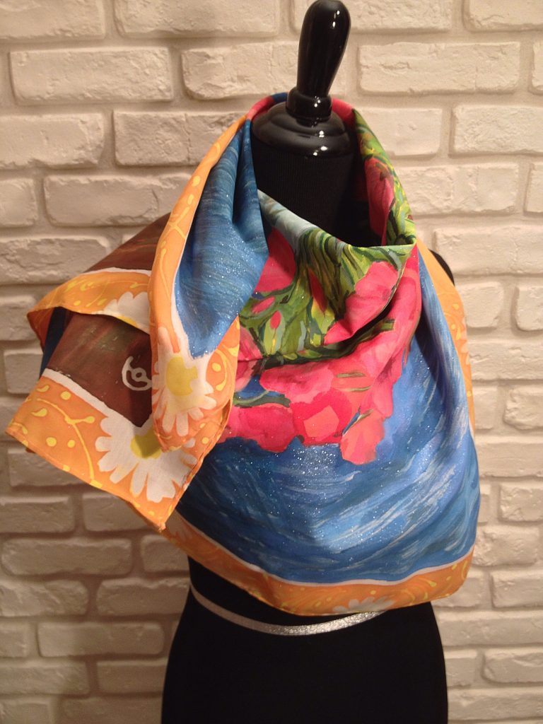 Red poppies Van Gogh. Hand painted silk square scarf.