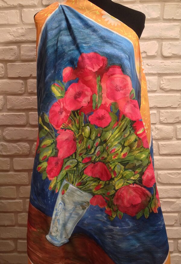 Red poppies Van Gogh. Hand painted silk square scarf.