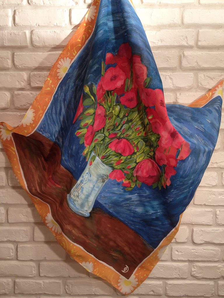Red poppies Van Gogh. Hand painted silk square scarf.