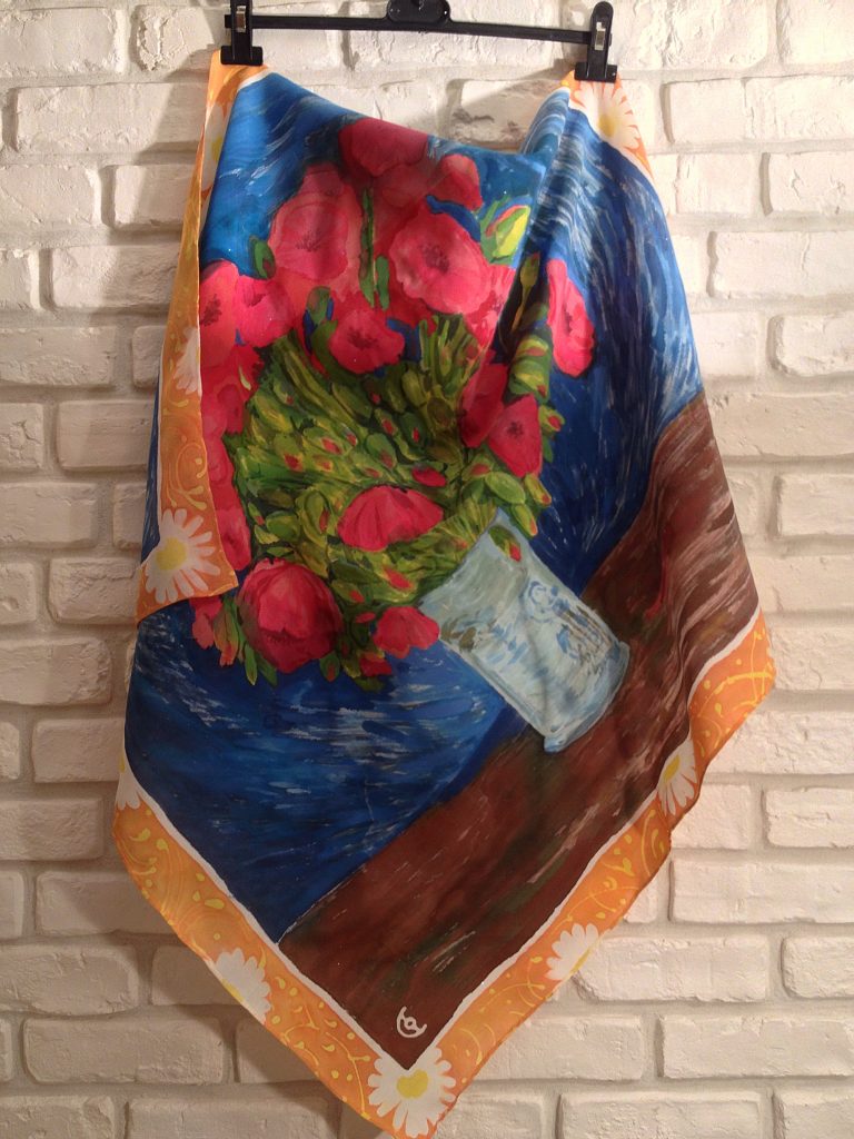 Red poppies Van Gogh. Hand painted silk square scarf.
