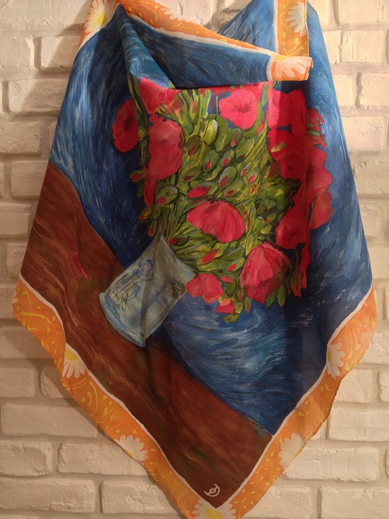 Red poppies Van Gogh. Hand painted silk square scarf.