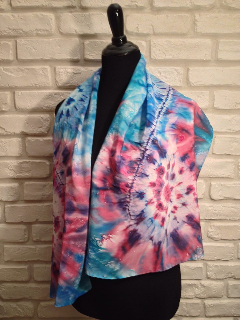 Rose and blue spirals. Hand painted silk scarf.