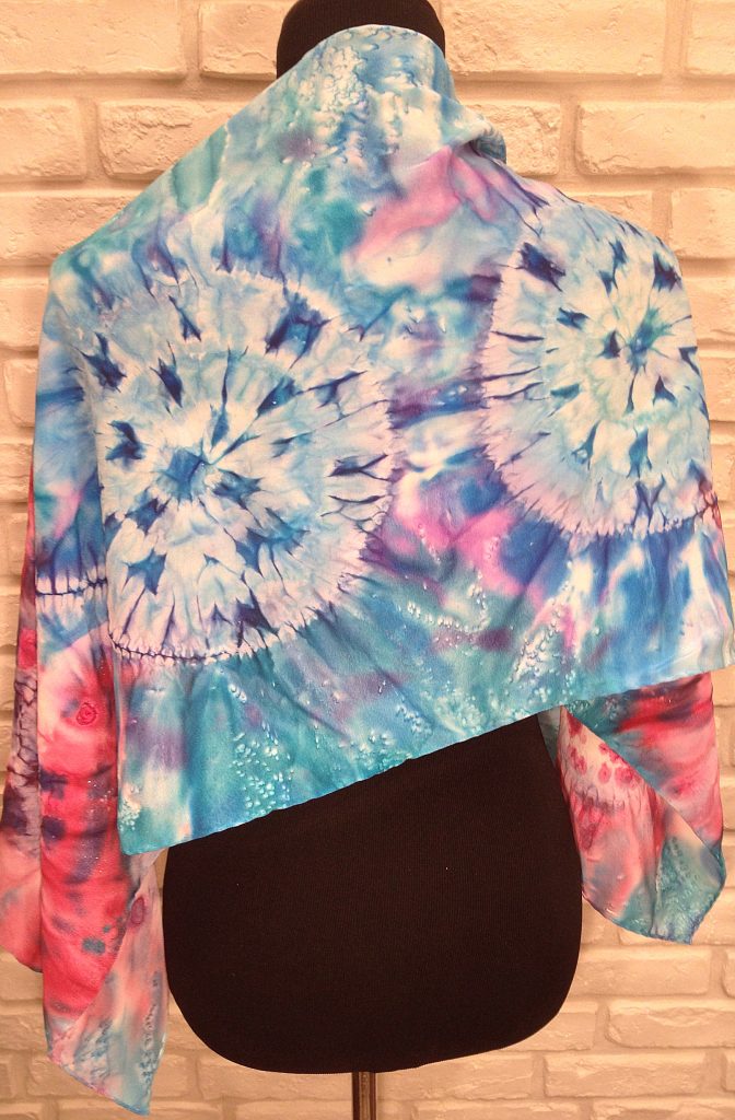 Rose and blue spirals. Hand painted silk scarf.