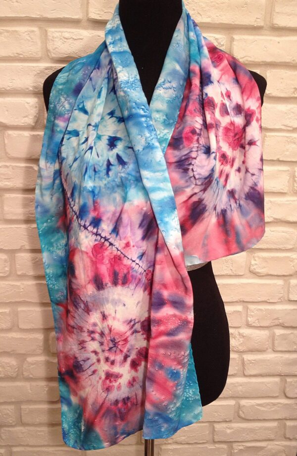 Rose and blue spirals. Hand painted silk scarf.