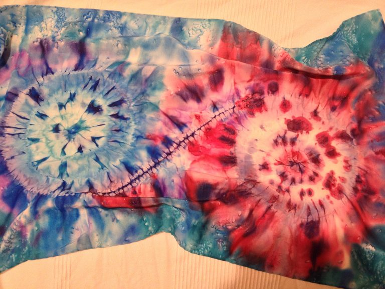Rose and blue spirals. Hand painted silk scarf.