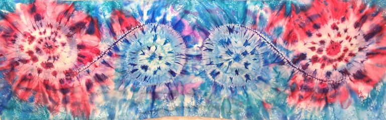 Rose and blue spirals. Hand painted silk scarf.