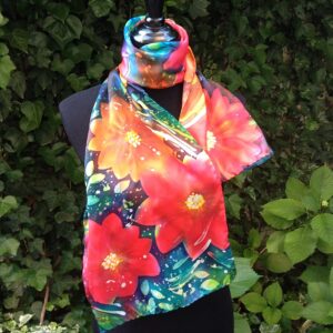 Red flowers. Hand painted silk scarf.