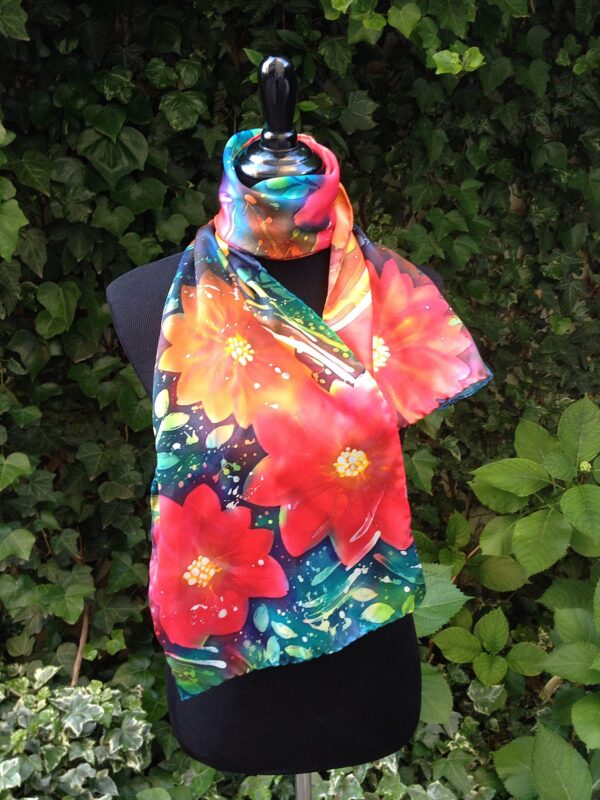 Red flowers. Hand painted silk scarf.