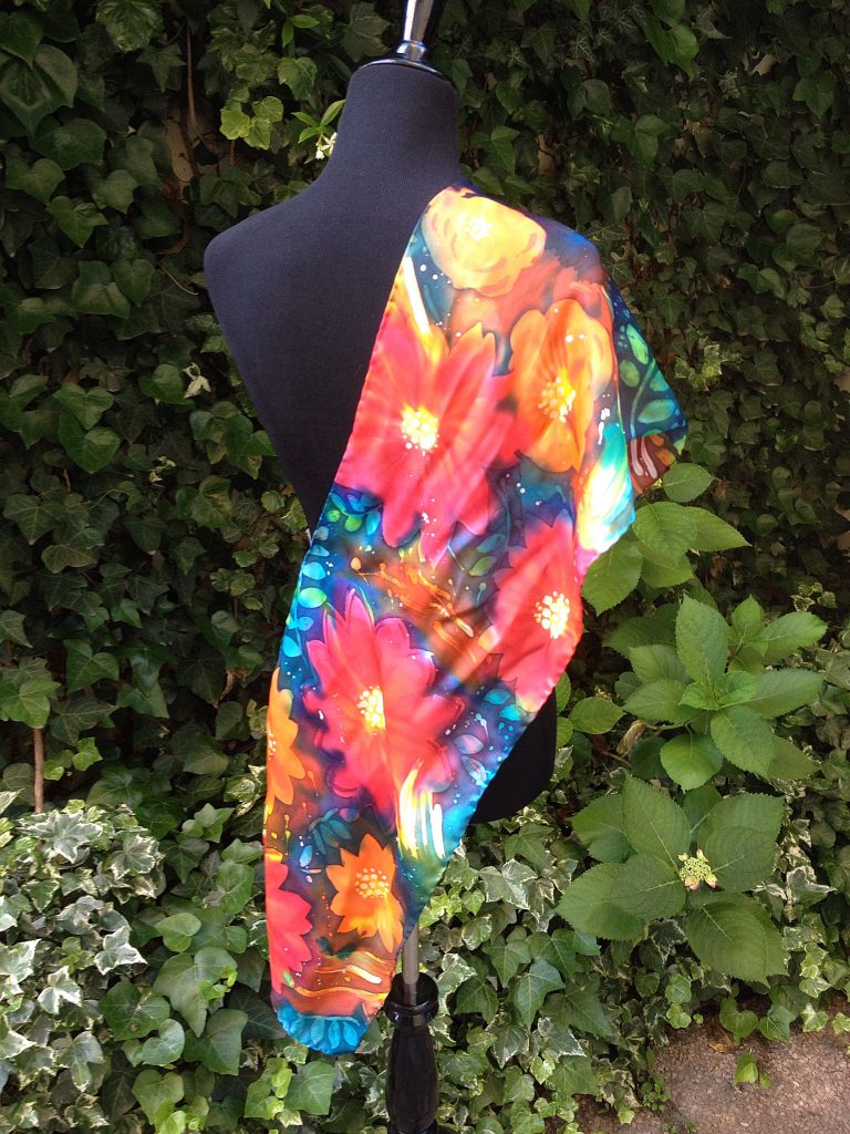 Red flowers. Hand painted silk scarf.