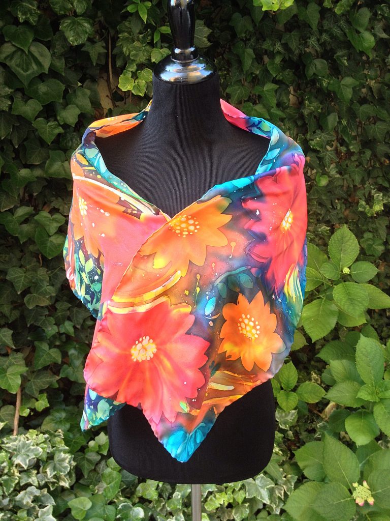 Red flowers. Hand painted silk scarf.