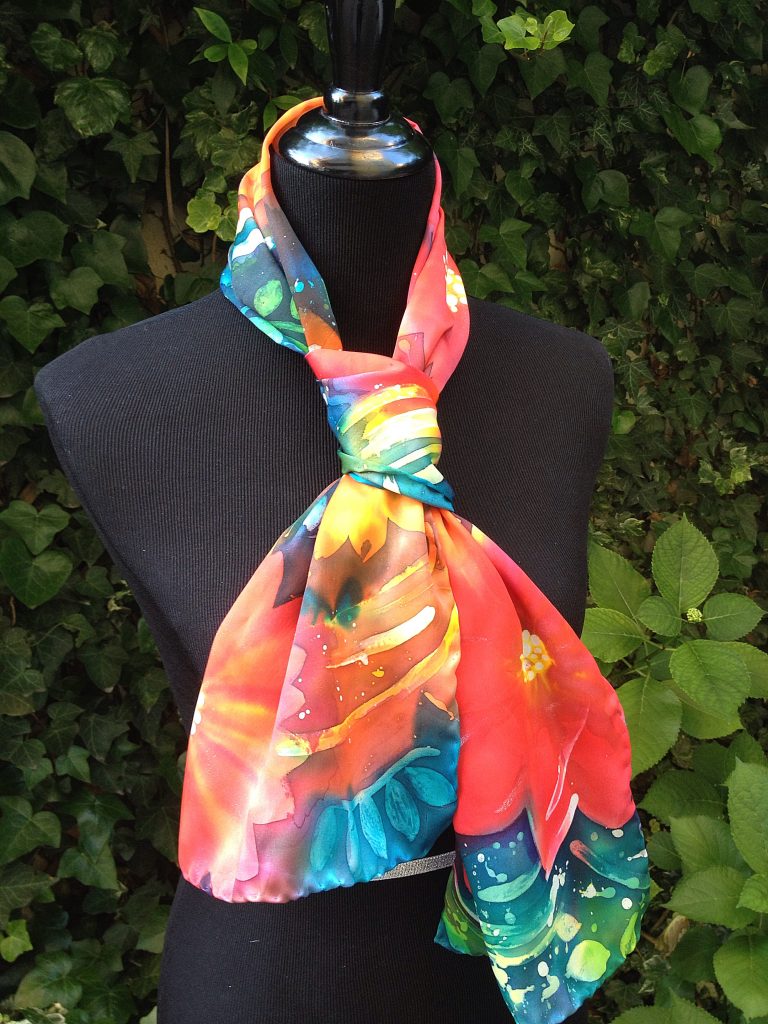 Red flowers. Hand painted silk scarf.