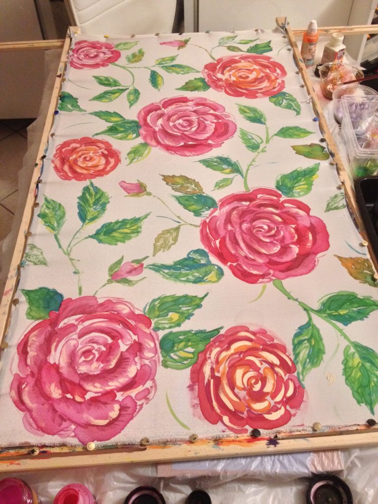 Rose garden. Hand painted silk scarf.