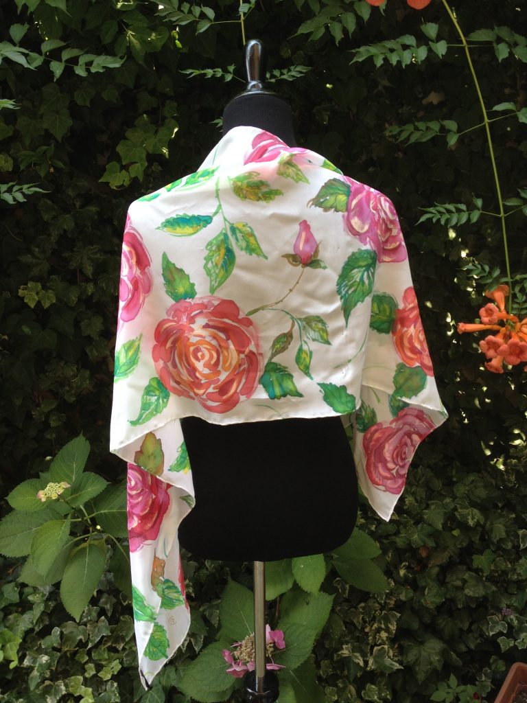 Rose garden. Hand painted silk scarf.