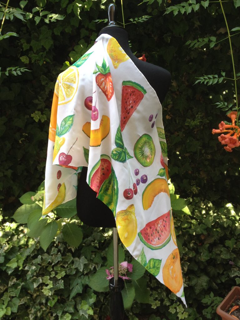 Fruit salad. Hand painted silk scarf.