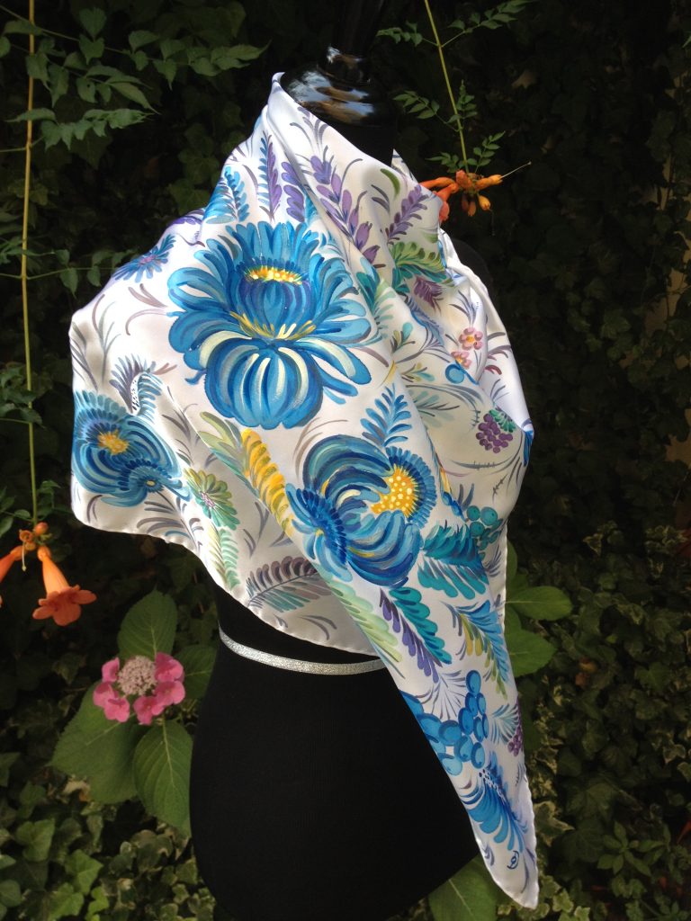 Blue flowers. Hand painted silk square scarf