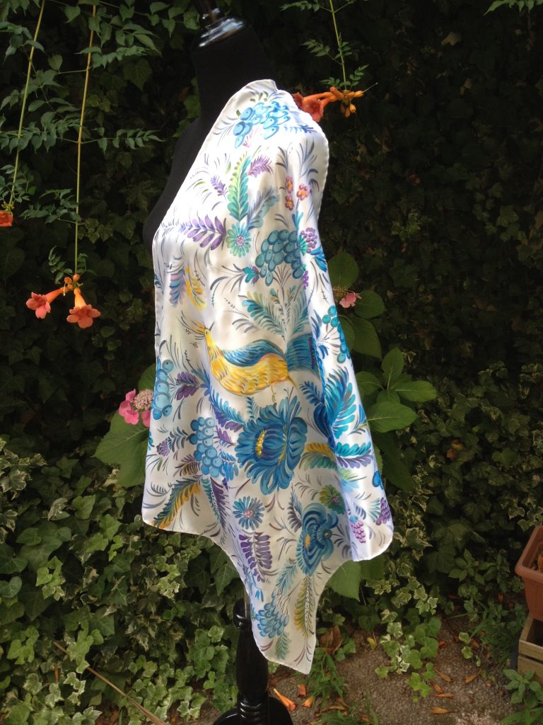 Blue flowers. Hand painted silk square scarf