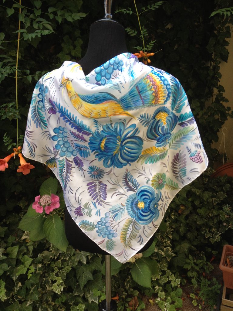 Blue flowers. Hand painted silk square scarf