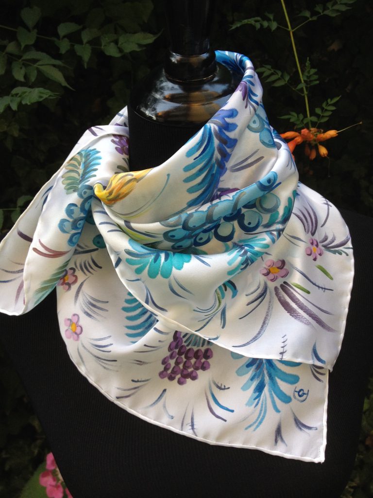 Blue flowers. Hand painted silk square scarf