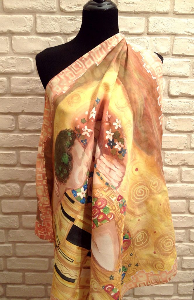 The Kiss Klimt. Hand painted silk square scarf with original interpretation of Gustav Klimt’s masterpiece.