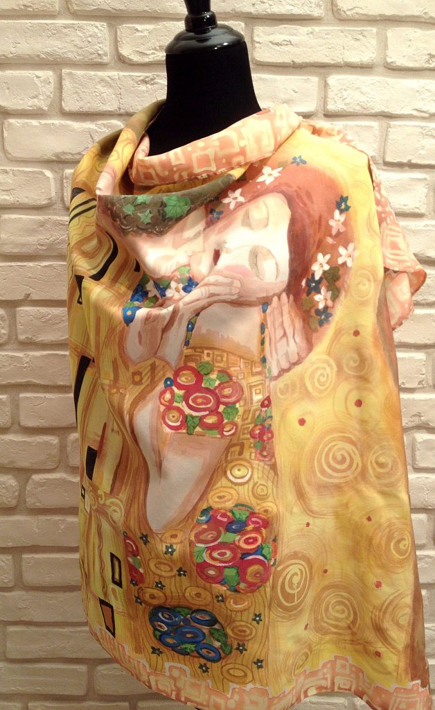 The Kiss Klimt. Hand painted silk square scarf with original interpretation of Gustav Klimt’s masterpiece.