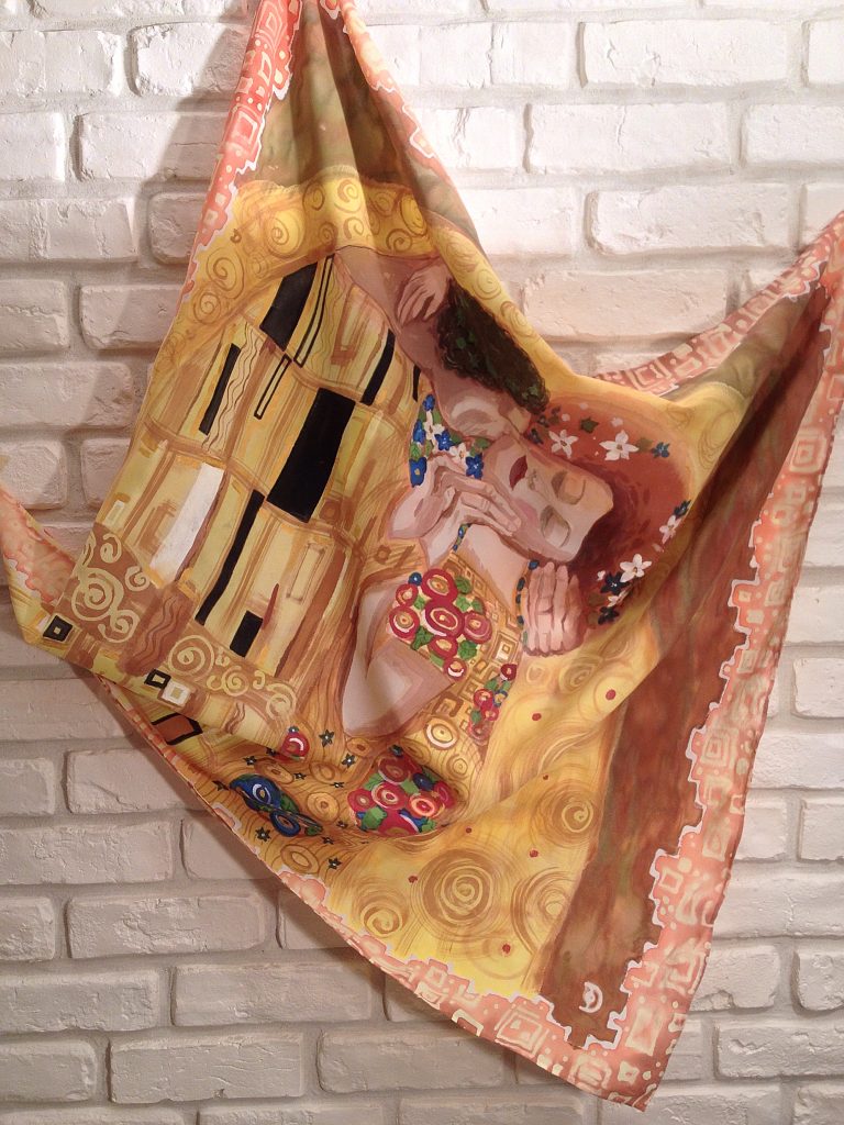 The Kiss Klimt. Hand painted silk square scarf with original interpretation of Gustav Klimt’s masterpiece.