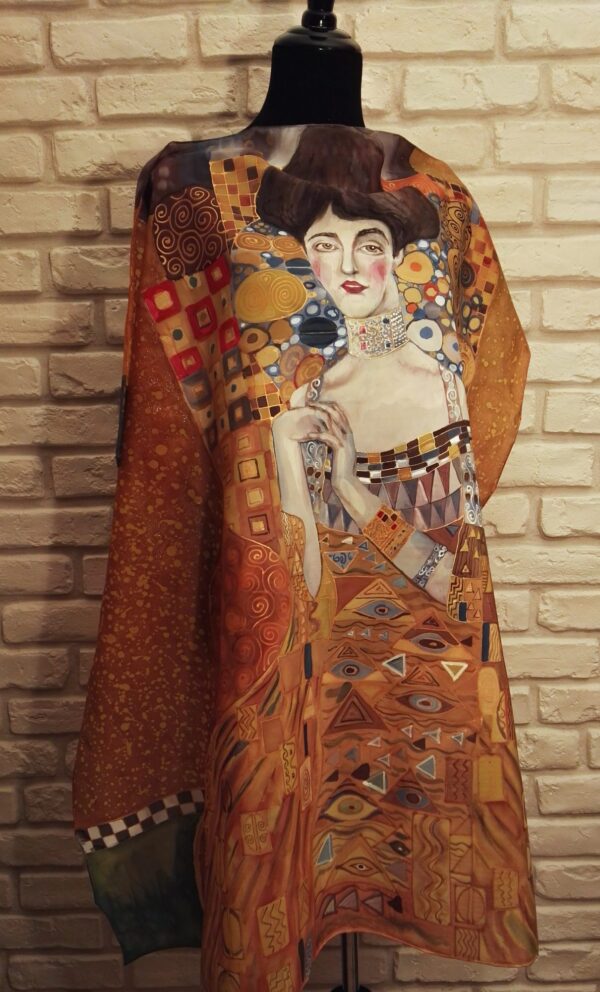 Golden Adele. Hand painted silk square scarf original interpretation of Gustav Klimt’s Portrait of Adele Bloch-Bauer I