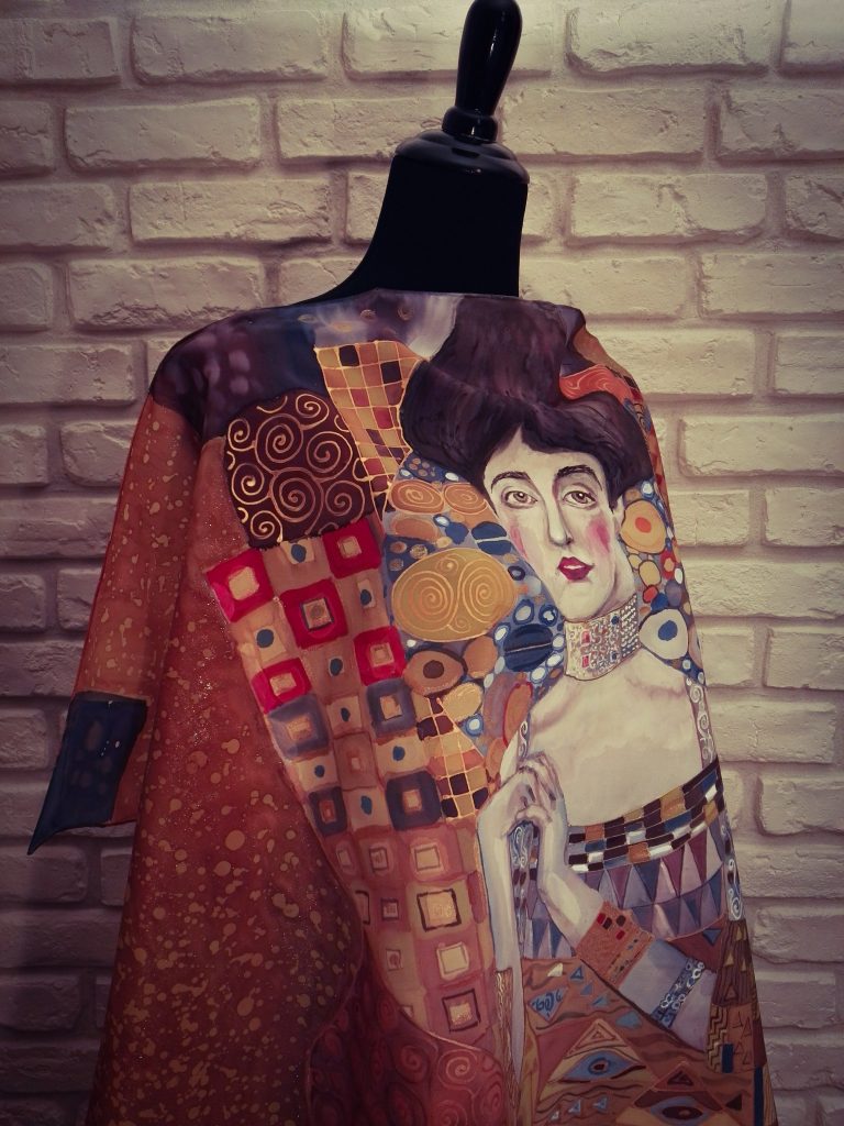 Golden Adele. Hand painted silk square scarf original interpretation of Gustav Klimt’s Portrait of Adele Bloch-Bauer I