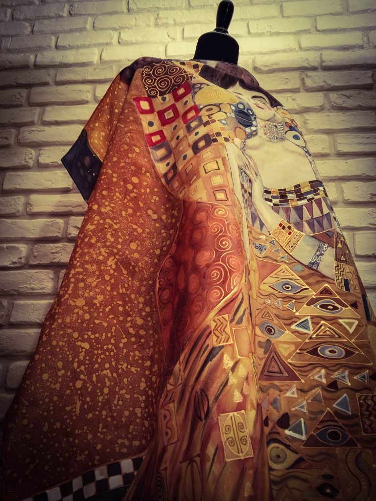 Golden Adele. Hand painted silk square scarf original interpretation of Gustav Klimt’s Portrait of Adele Bloch-Bauer I