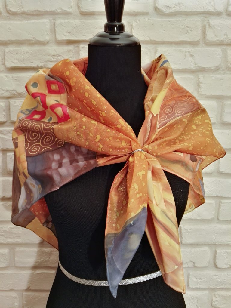 Golden Adele. Hand painted silk square scarf original interpretation of Gustav Klimt’s Portrait of Adele Bloch-Bauer I
