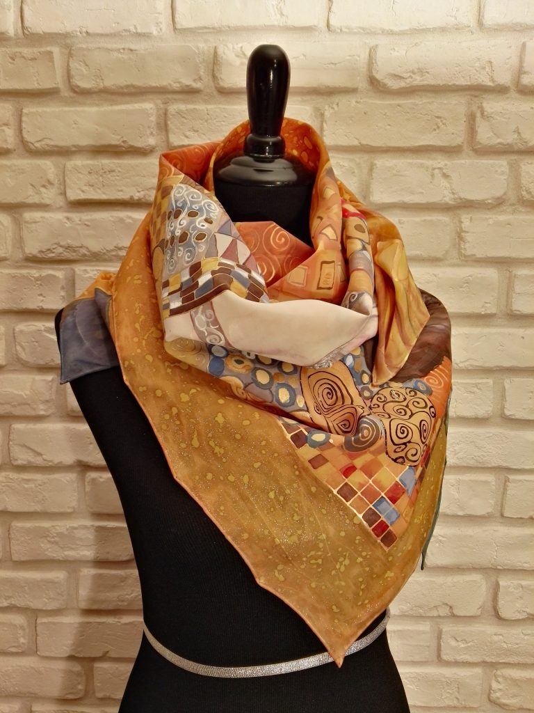 Golden Adele. Hand painted silk square scarf original interpretation of Gustav Klimt’s Portrait of Adele Bloch-Bauer I