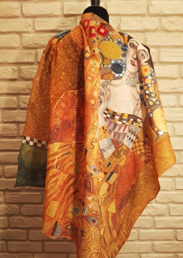 Golden Adele. Hand painted silk square scarf original interpretation of Gustav Klimt’s Portrait of Adele Bloch-Bauer I