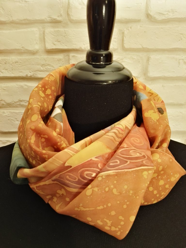 Golden Adele. Hand painted silk square scarf original interpretation of Gustav Klimt’s Portrait of Adele Bloch-Bauer I
