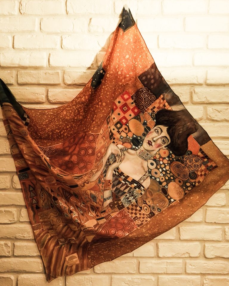 Golden Adele. Hand painted silk square scarf original interpretation of Gustav Klimt’s Portrait of Adele Bloch-Bauer I