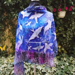 Swallows. Hand painted pure silk scarf.