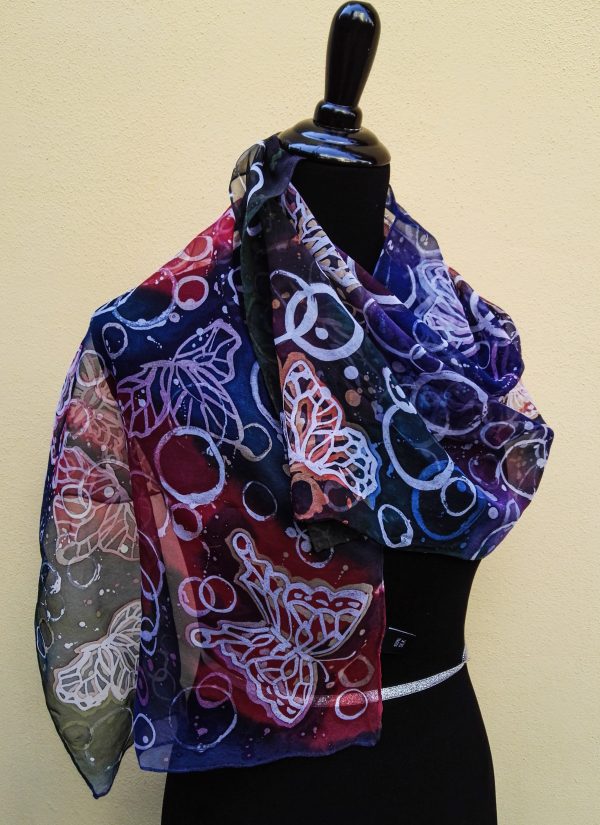 Butterflies and bubbles. Hand painted 100% silk scarf