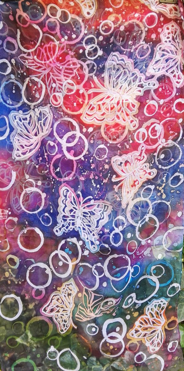 Butterflies and bubbles. Hand painted 100% silk scarf