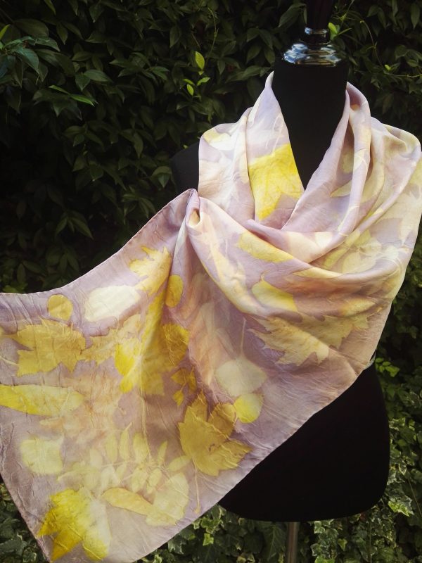 Delicate autumn. Hand dyed 100% silk scarf with ecoprint